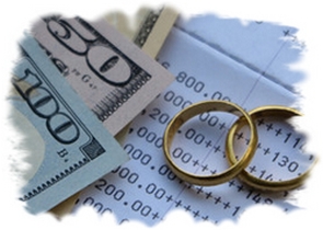 Picture of money and wedding rings.